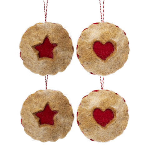 Hangers Vilt Kerst - 4 Stuks - Linzer Koekje 2xHart & 2xSter - Bruin/Wit/Rood - 7cm - Handgemaakt & Fairtrade