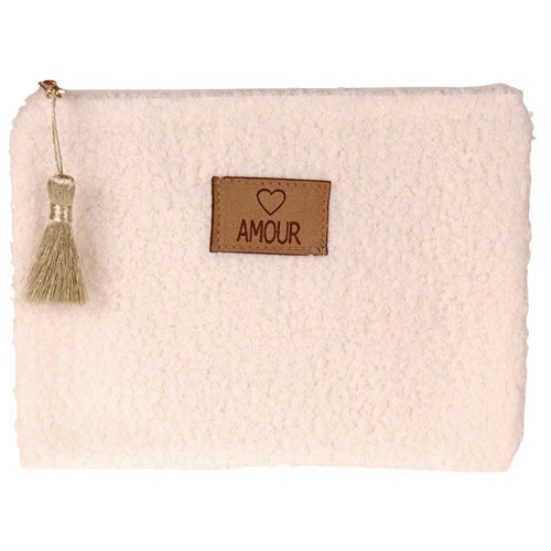 Toilettasje / Etui - Fluffy Sheep - Cremekleurig met Label "AMOUR" - Ritssluiting & Goudkleurig Kwastje - 20x15cm