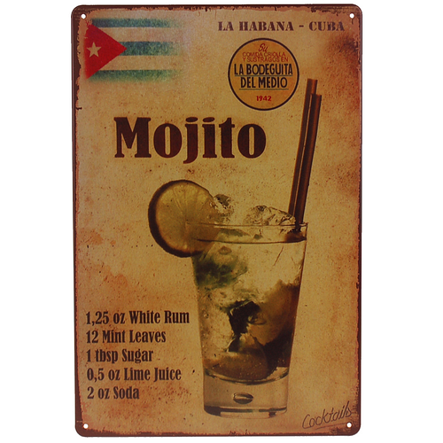 Metalen Plaatje - Mojito Cocktail - La Habana Cuba - 20x30cm