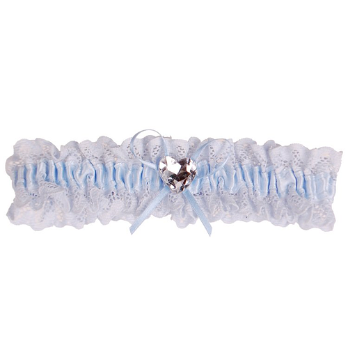 Kousenband grote maat - blauw kant met strikje en strass hartje
