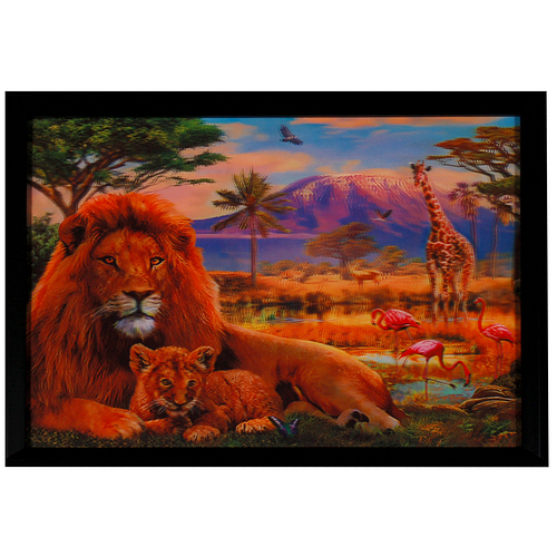 Poster 3D met Lijst - Leeuwen & Flamingos & Giraf Savanne - 43x33cm